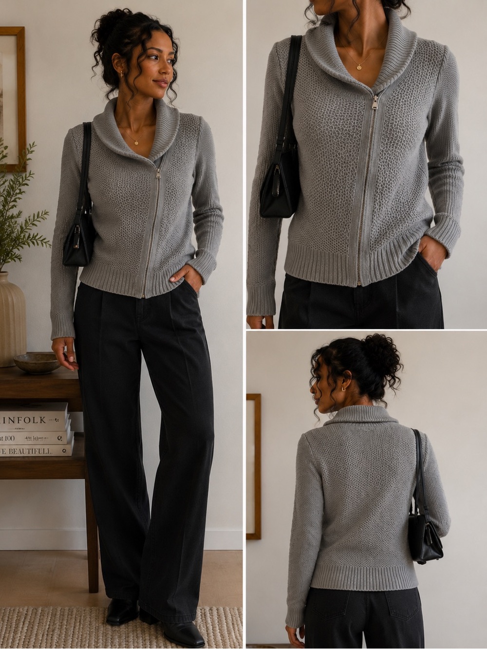 GAP Textured Zip Up Sweater Gray Cowl Neck Cardigan | Medium
